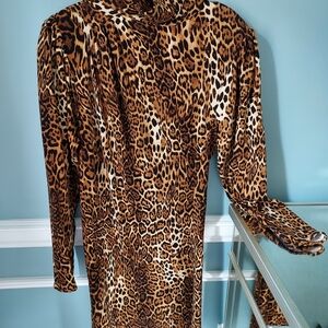 Ronny Kobo Collection Leopard-Print Long Sleeve Dress in Brown & Tan